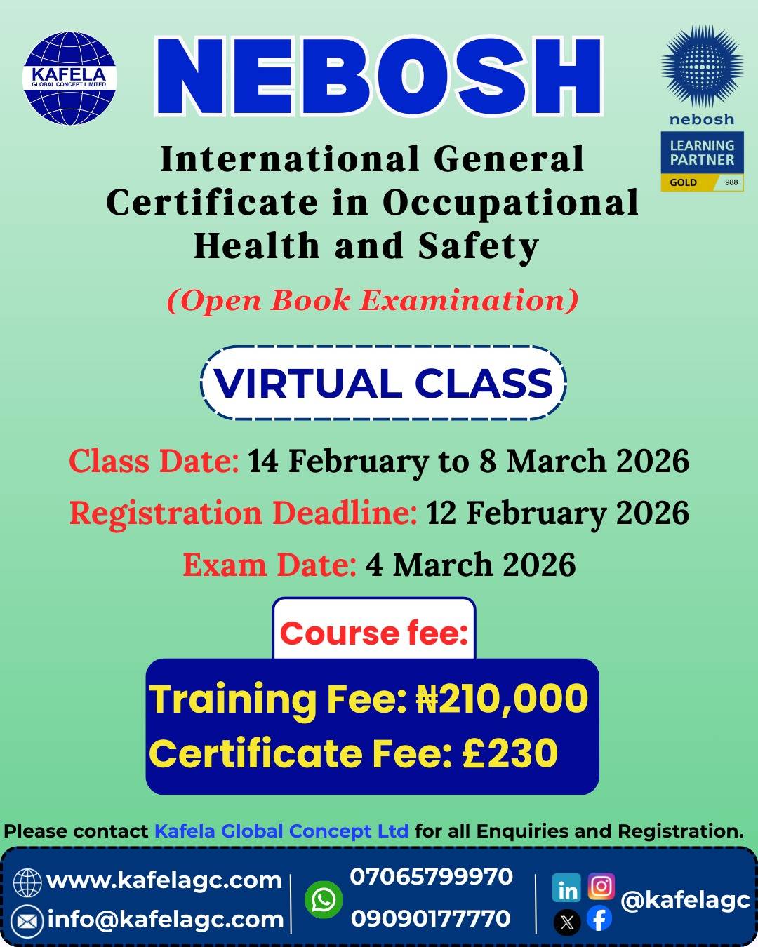 The NEBOSH Class Is Back ๐
Kafela Global Concept Limited - your NEBOSH Gold Learning Partner is ex...