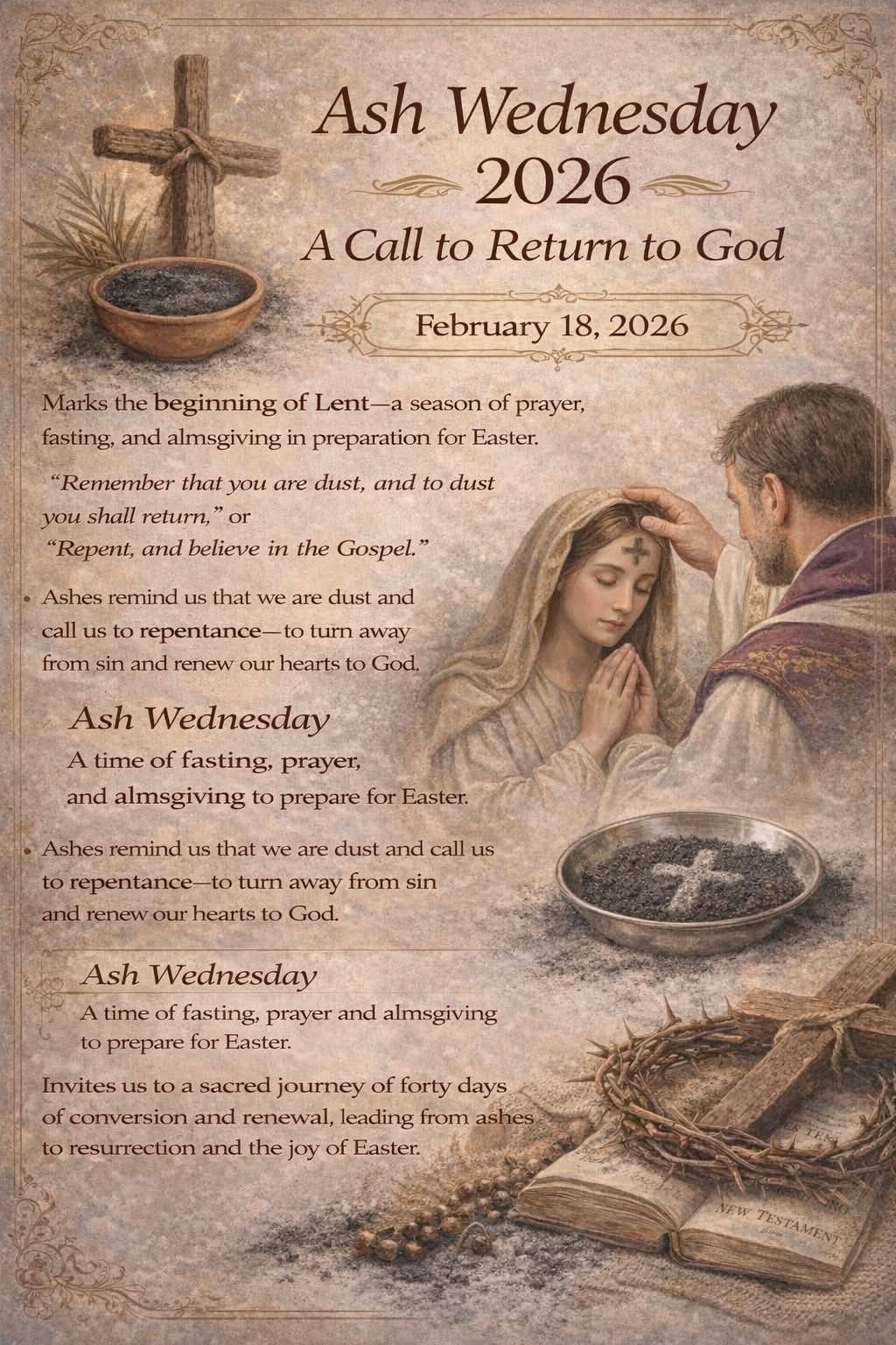 Happy Ash Wednesday. Lent, the season for humility, repentance through Prayer, Works of Love, and Fa...