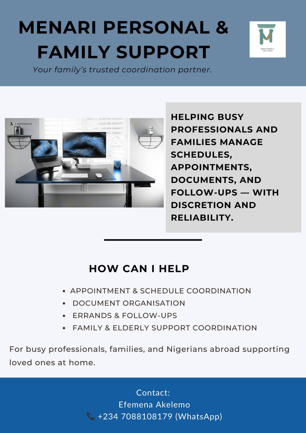 Welcome to Menari Personal & Family Support.
We provide structured personal assistant and managemen...