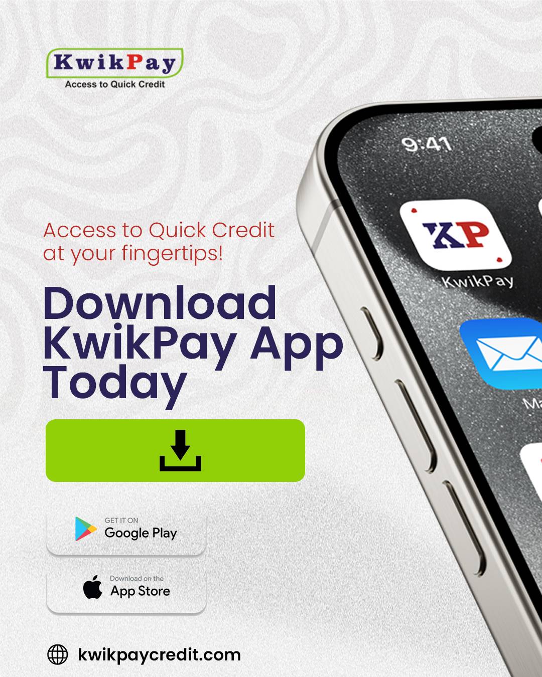 Looking for a quick loan you can trust?
Get it instantly with KwikPay Credit.
Available on Google...