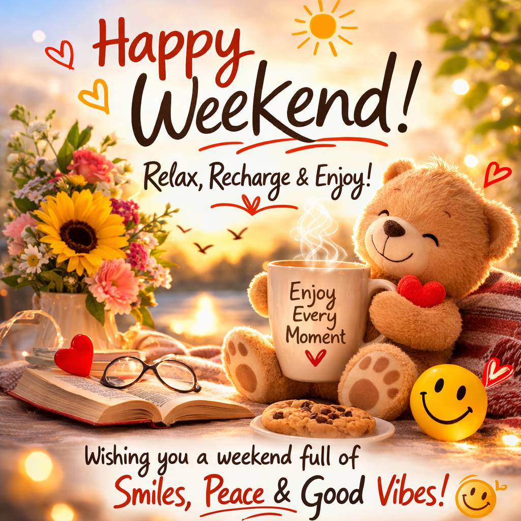 “Relax, recharge, and let the weekend bring you peace and happiness. ☀️😊”