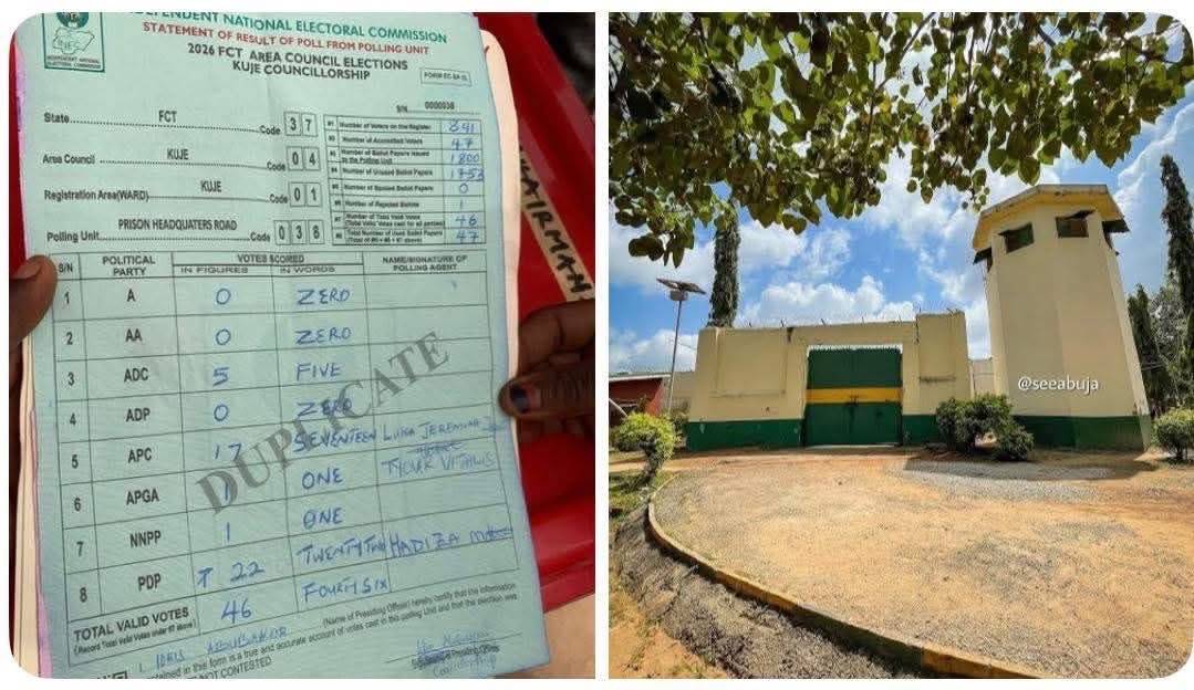 Election results from Prison Command Poling Unit 038 In Kuje Area Council
PDP: 22 Votes
APC: 17 V...