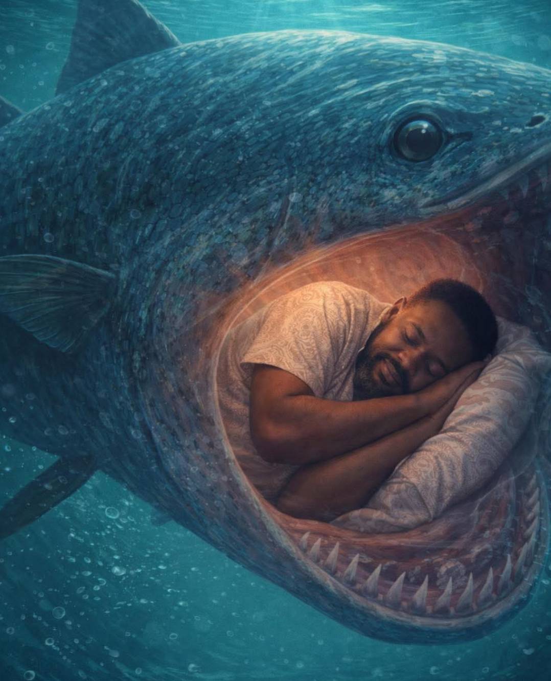 Jonah sleeping peacefully in the belly of a fish.