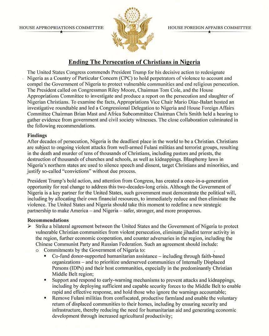Page 1 of Rep Reily Moore’s report on the perdition of Christians in Nigeria and recommendations