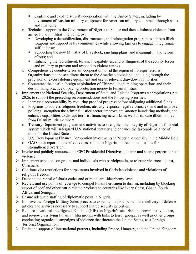 Page 2 of the US congress Man Rep Reily Moore’s report on the Christian persecution in Nigeria . A c...