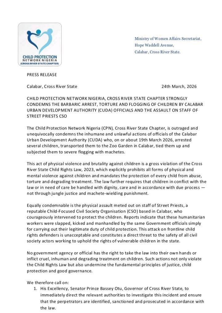 CHILD PROTECTION NETWORK NIGERIA, CROSS RIVER STATE CHAPTER STRONGLY CONDEMNS THE BARBARIC ARREST, T...