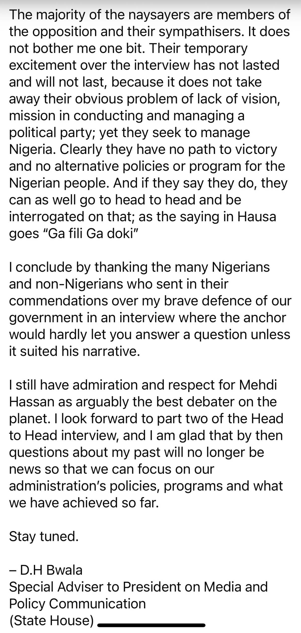 Bwala’s reaction continues…
