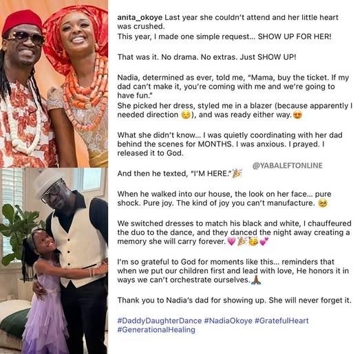 Singer Paul Okoye's ex-wife, Anita appreciates him for showing up for their daughter's "daddy-daught...
