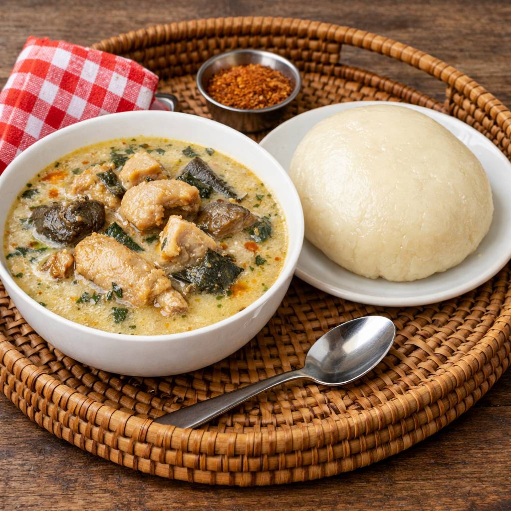 "Evening reset: After a full day, chilling with Ofe Nsala (white soup) + fufu. Grateful for small wi...