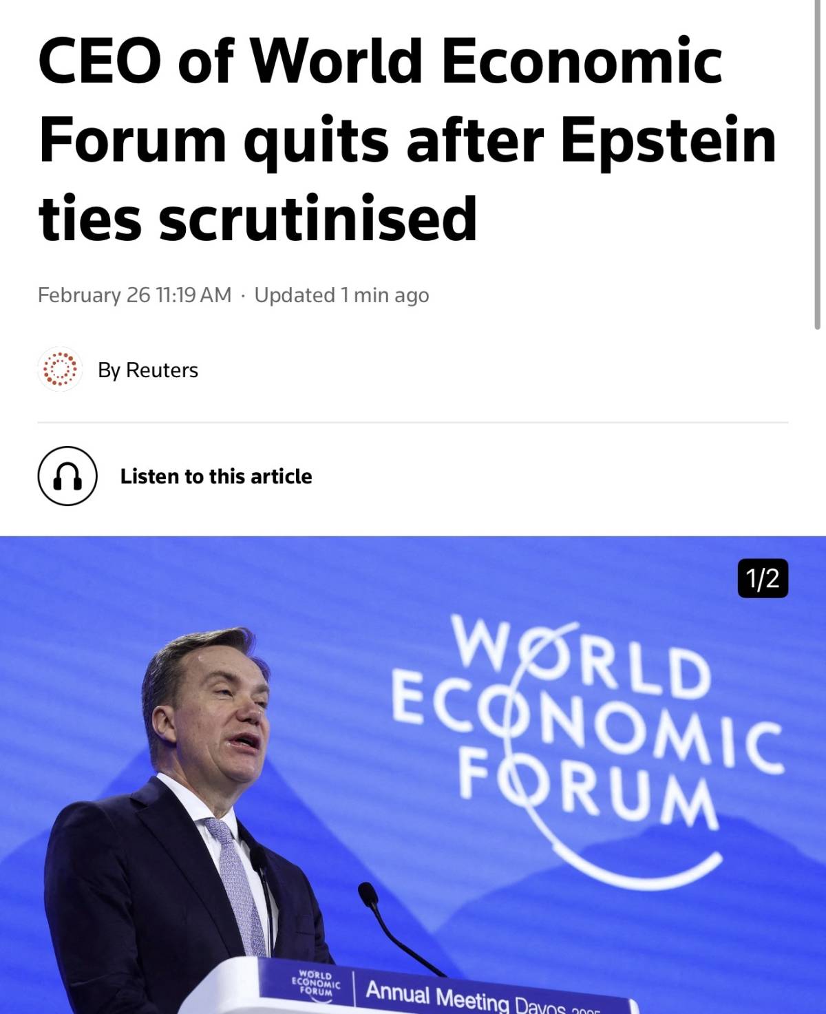 “The president and CEO of the World Economic Forum, Borge Brende, said on Thursday he was stepping d...