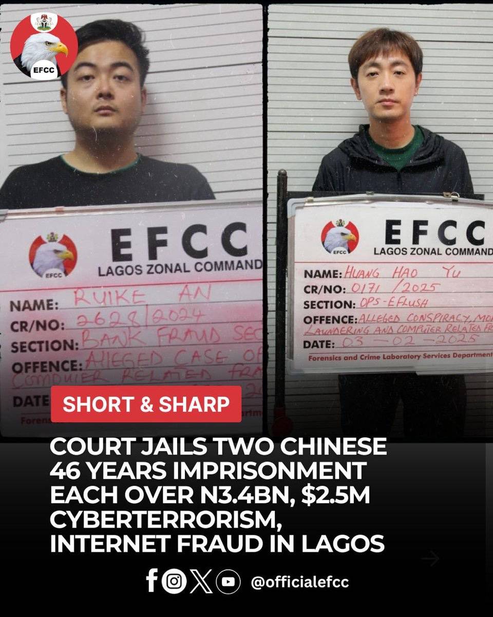 Federal High Court sitting in Ikoyi, Lagos, today convicted and sentenced two Chinese: Huang Haoyu...
