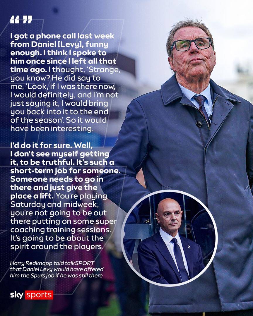 🚨🗣️Harry Redknapp claims that Daniel Levy would have offered him the Spurs job if he was still at t...