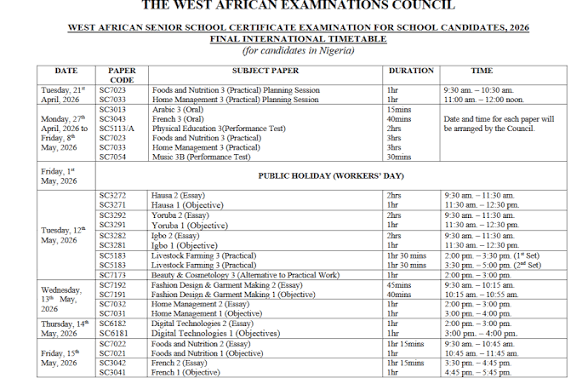 WAEC Announces 2026 WASSCE Schedule.
The West African Examinations Council has released the 2026 W...