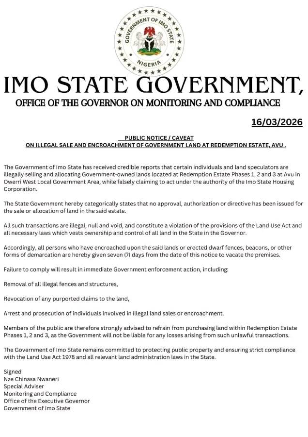 CHURCH AGBASAALA
Imo State gives 7 days demolition notice to all developers of Redemption Estate P...