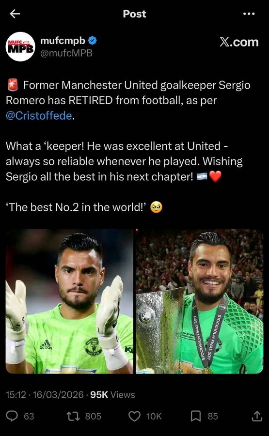 God go bless Sergio Romero โค๏ธ
We dey wish am all the best ๐๐พ
#Mufc #manchesterunited