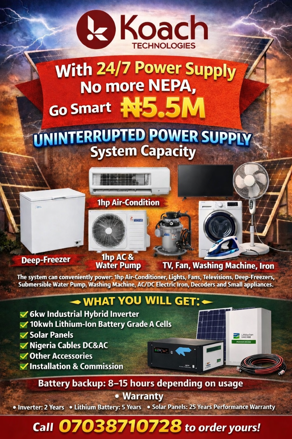 ⚡️ SAY GOODBYE TO NEPA – GO SMART TODAY! ⚡️
🔋 **What You Get:**
✅ 6kW Industrial Hybrid Inverte...
