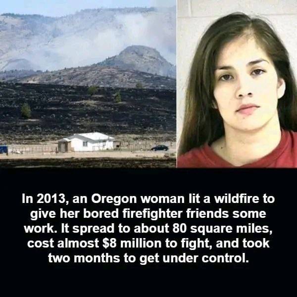 In 2013, an Oregon women lit a wildfire to give her bored firefighter friends some work. It spread t...