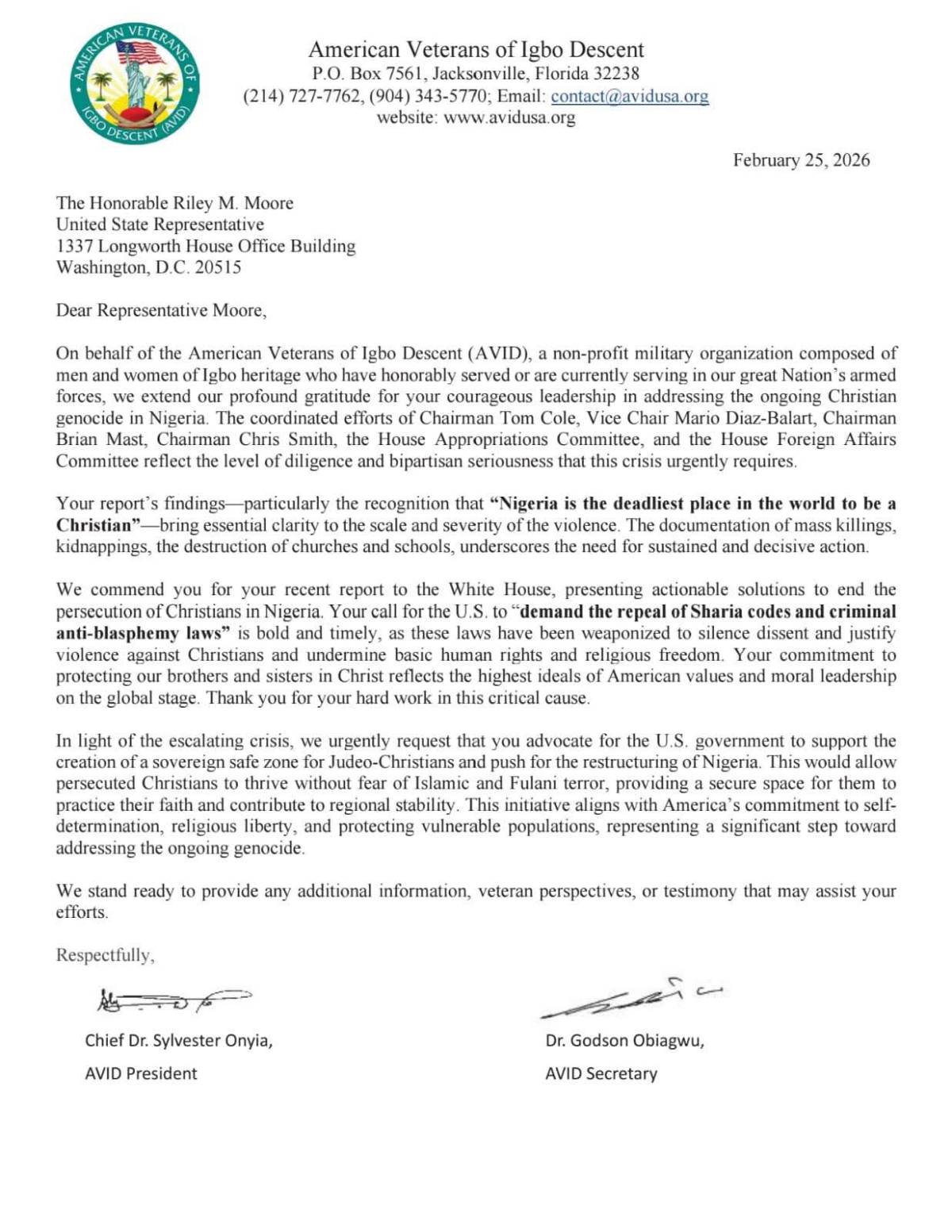 BREAKING: American Military Veterans of Igbo Descent (AVID) urges US government to support the creat...