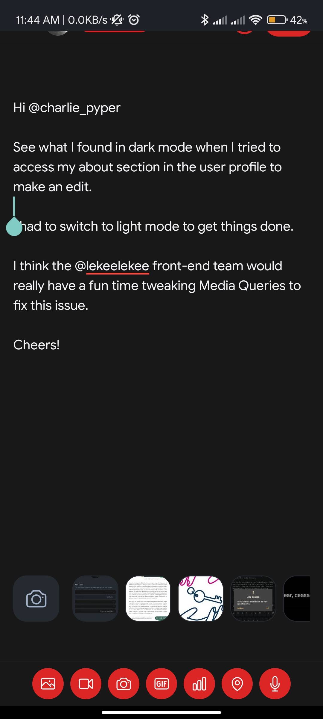 Found two other bugs @charlie_pyper pertaining to the dark and light mode issue.
See screenshots...