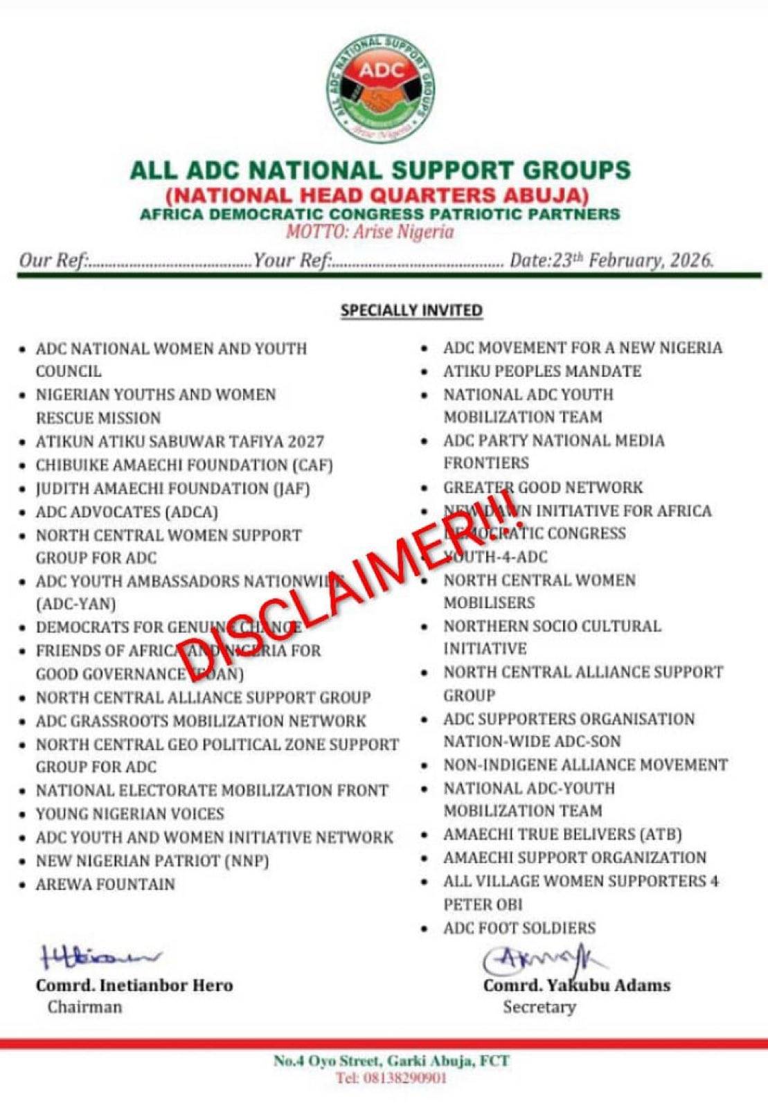 ⚠️ DISCLAIMER.
The African Democratic Congress (ADC) wishes to inform the public that the document...