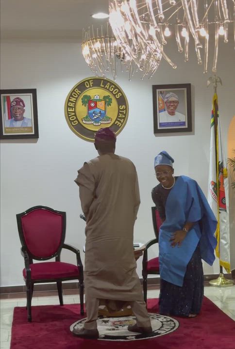 Governor Babajide Sanwo-Olu yields his seat to One-Day Governor, Miss Esther Etiyemonu, a student of...