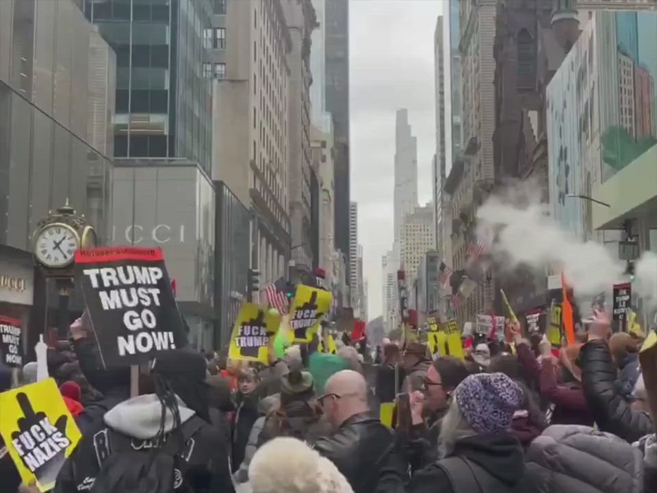 "President's Day Flip Off" outside Trump Tower in NYC, organized by activist groups like Hands Off N...