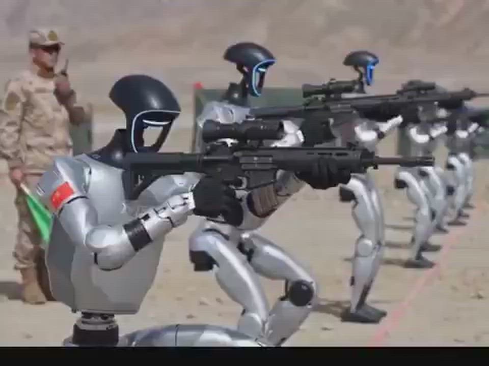 Unitree humanoid robots, resembling their G1 or H1 models, marching and firing rifles in a simulated...
