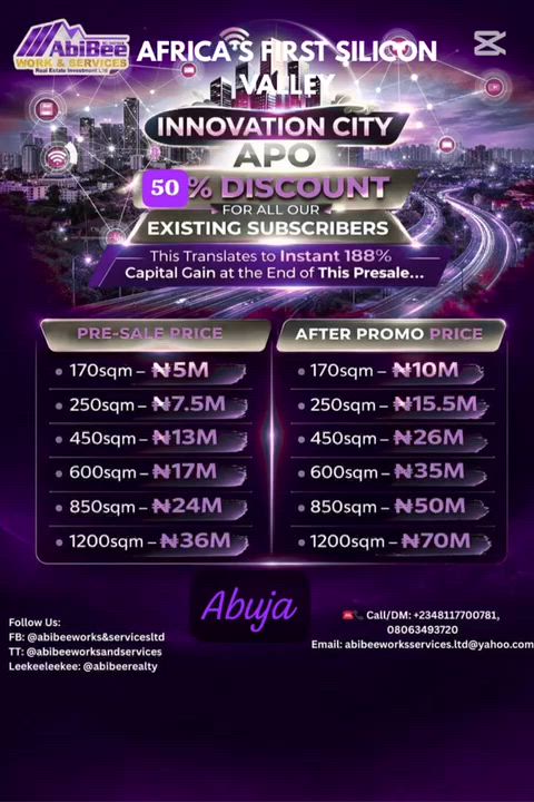 Welcome to Innovation City APO, Abuja. Enjoy 50% Discount on this premium sales. Providing excellent...