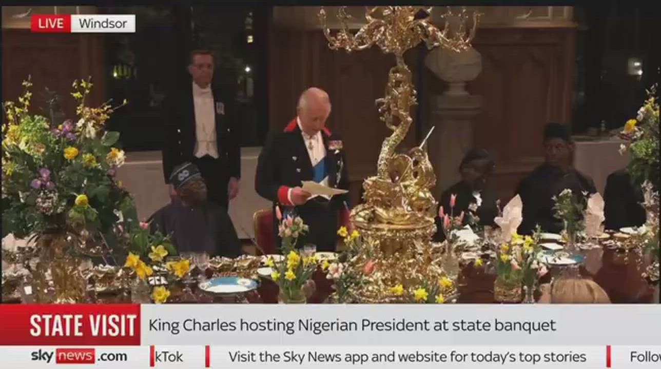 March 18, 2026, state banquet at Windsor Castle, where King Charles III toasts Nigerian President Bo...