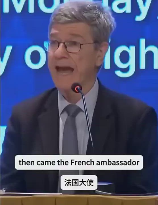 Economist Jeffrey Sachs at a March 16, 2026, event, where he mocks a UN session's scripted condemnat...