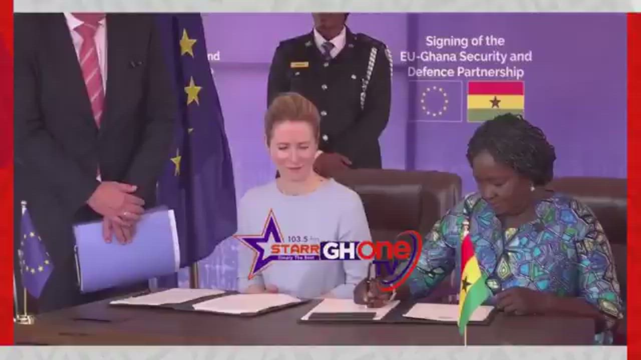 Ghana's Vice President Naana Jane Opoku-Agyemang signing the EU-Ghana Security and Defence Partnersh...