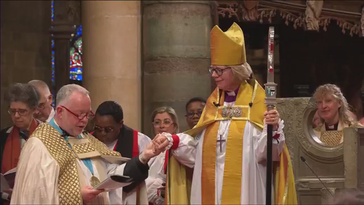 Enthronement of Dame Sarah Mullally as the 106th Archbishop of Canterbury on March 25, 2026, marking...