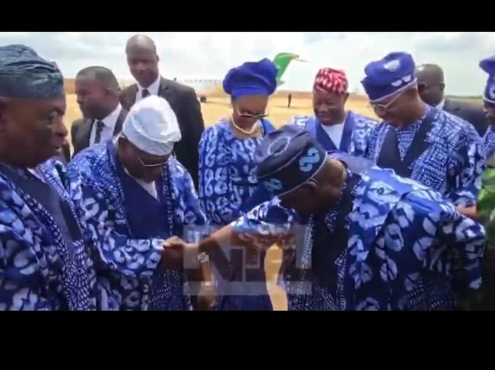 President Bola Ahmed Tinubu bows to greet former President Olusegun Obasanjo in Ogun State.
