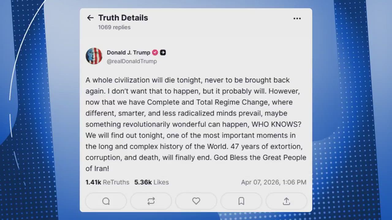 President Trump's Truth Social post warning of "a whole civilization will die tonight" in Iran amid...
