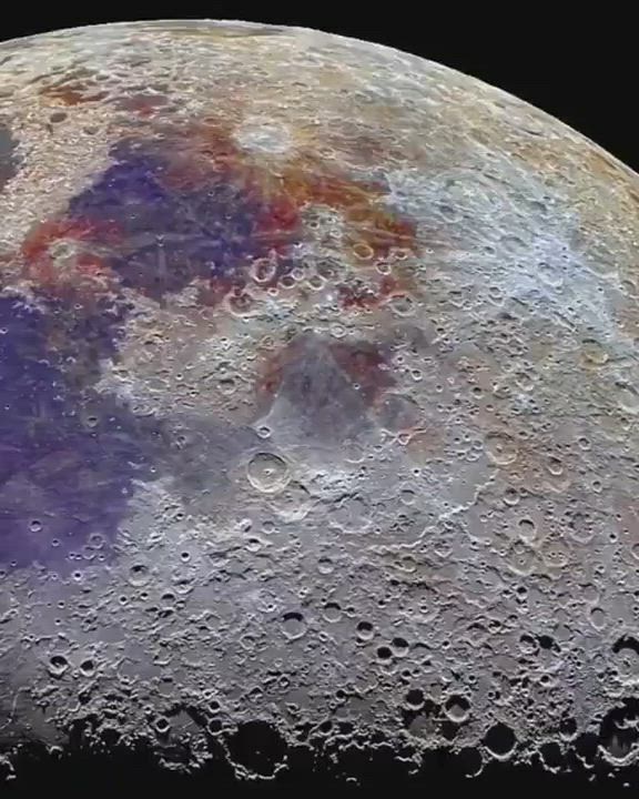 Moon's heavily cratered, colorful surface in high detail, captioned "Historic! This is the highest q...