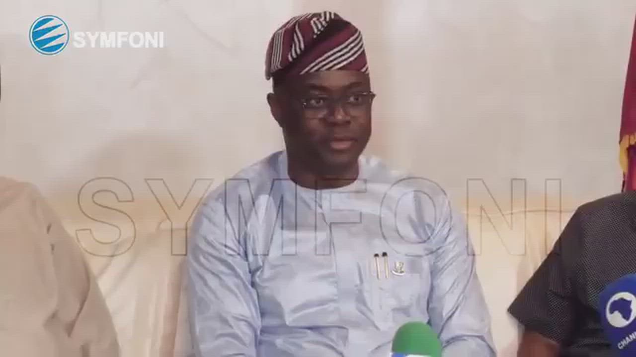 Oyo State Governor Seyi Makinde addresses the press during a meeting between ADC and PDP.