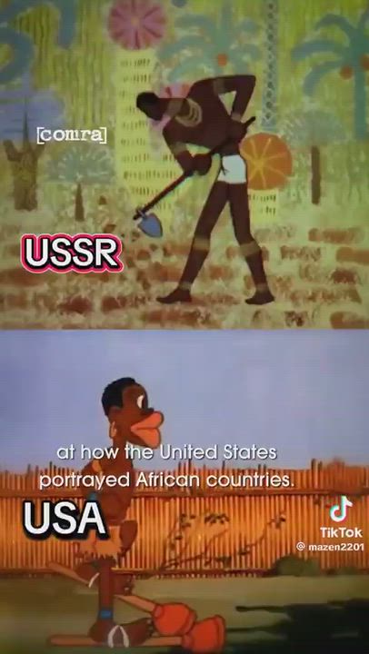 Soviet cartoon's stylized, dignified portrayal of Africans performing everyday tasks with a mid-20th...