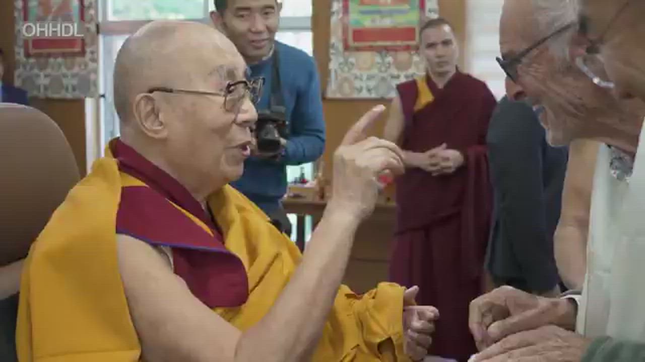Dalai Lama responding to a question on April 10, 2026, about the existence of gods or devils, stress...