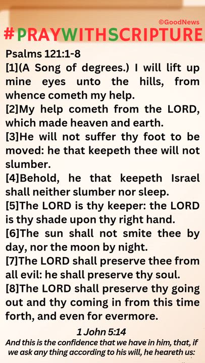 #PrayWithScriptureTodaysBibleReading
Psalms 121:1-8
[1](A Song of degrees.) I will lift up mine eyes...