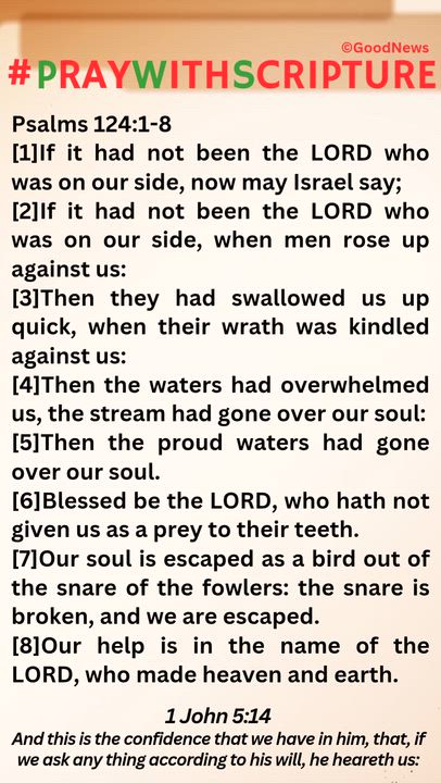 #PrayWithScriptureTodaysBibleReading
Psalms 124:1-8
[1](A Song of degrees of David.) If it had not b...