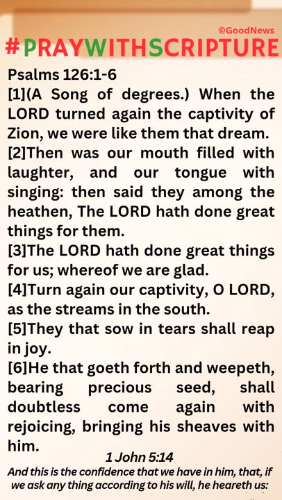 #PrayWithScriptureTodaysBibleReading
Psalms 126:1-6
[1](A Song of degrees.) When the LORD turned aga...