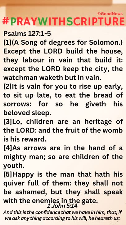 #PrayWithScriptureTodaysBibleReading
Psalms 127:1-5
[1](A Song of degrees for Solomon.) Except the L...