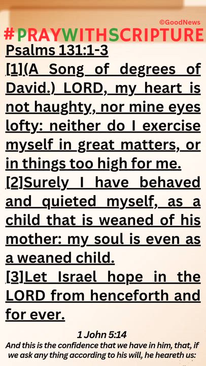 #PrayWithScriptureTodaysBibleReading
Psalms 131:1-3
[1](A Song of degrees of David.) LORD, my heart...