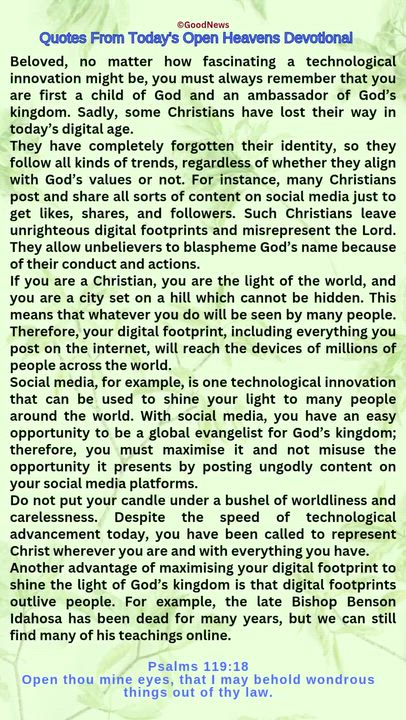 #QuoteFromTodaysOpenHeaven
Read through and follow the steps and action points. Be inspired, love Go...