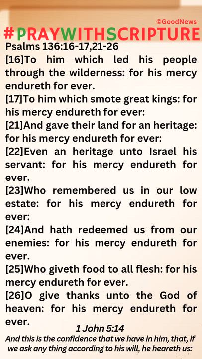 #PrayWithScriptureTodaysBibleReading
Psalms 136:16-17,21-26
[16]To him which led his people through...