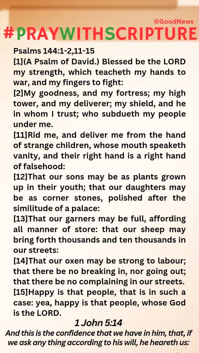 #PrayWithScriptureTodaysBibleReading 
Psalms 144:1-2,11-15
[1](A Psalm of David.) Blessed be the LOR...