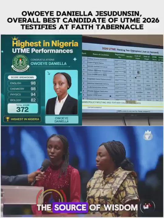 Video of Overall Best Candidate Of The 2026 UTME, Owoeye Daniella Shares Her Testimony In Church Aft...