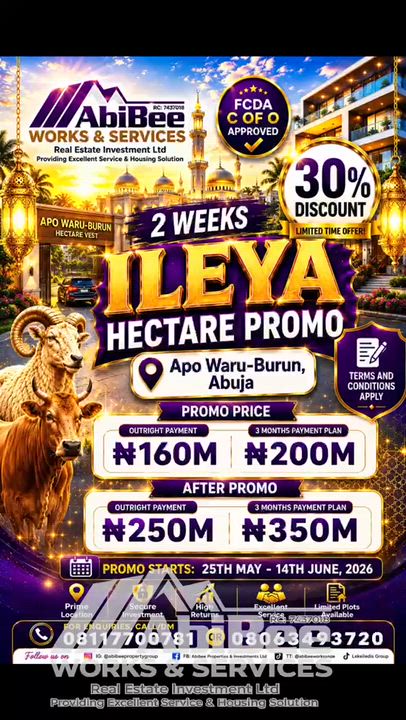 This is your opportunity to own a Premium Property at Waru-Burun Apo, Abuja. Our 2 Weeks ILeya Promo...