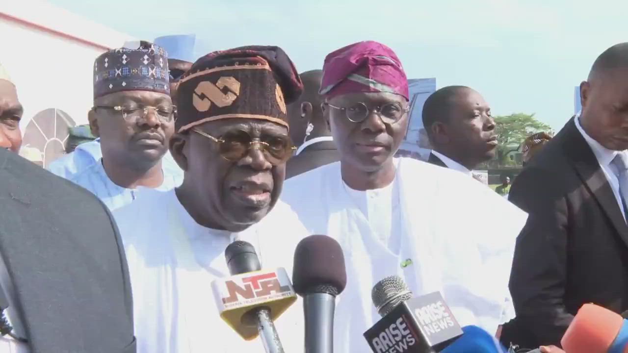 President Bola Tinubu  speaks to the press after the Eid el Mubarak prayers in Lagos State