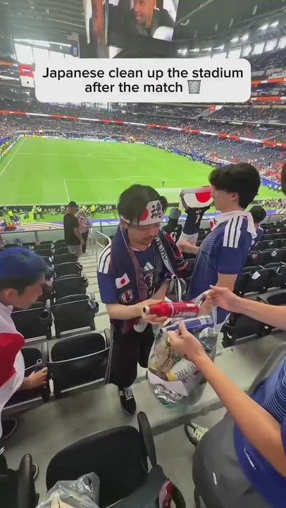 Japanese fans clean stadium after their match. Amazing culture and very organized other countries sh...